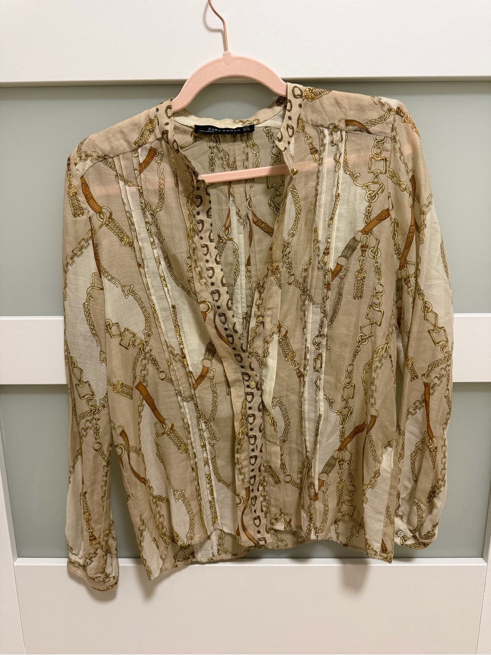 Zara Beige Chain-Print Sheer Blouse